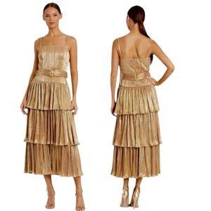 NWT Mac Duggal 27062 Tea-Length Metallic Plissé Midi Dress Party Gold Size 6
